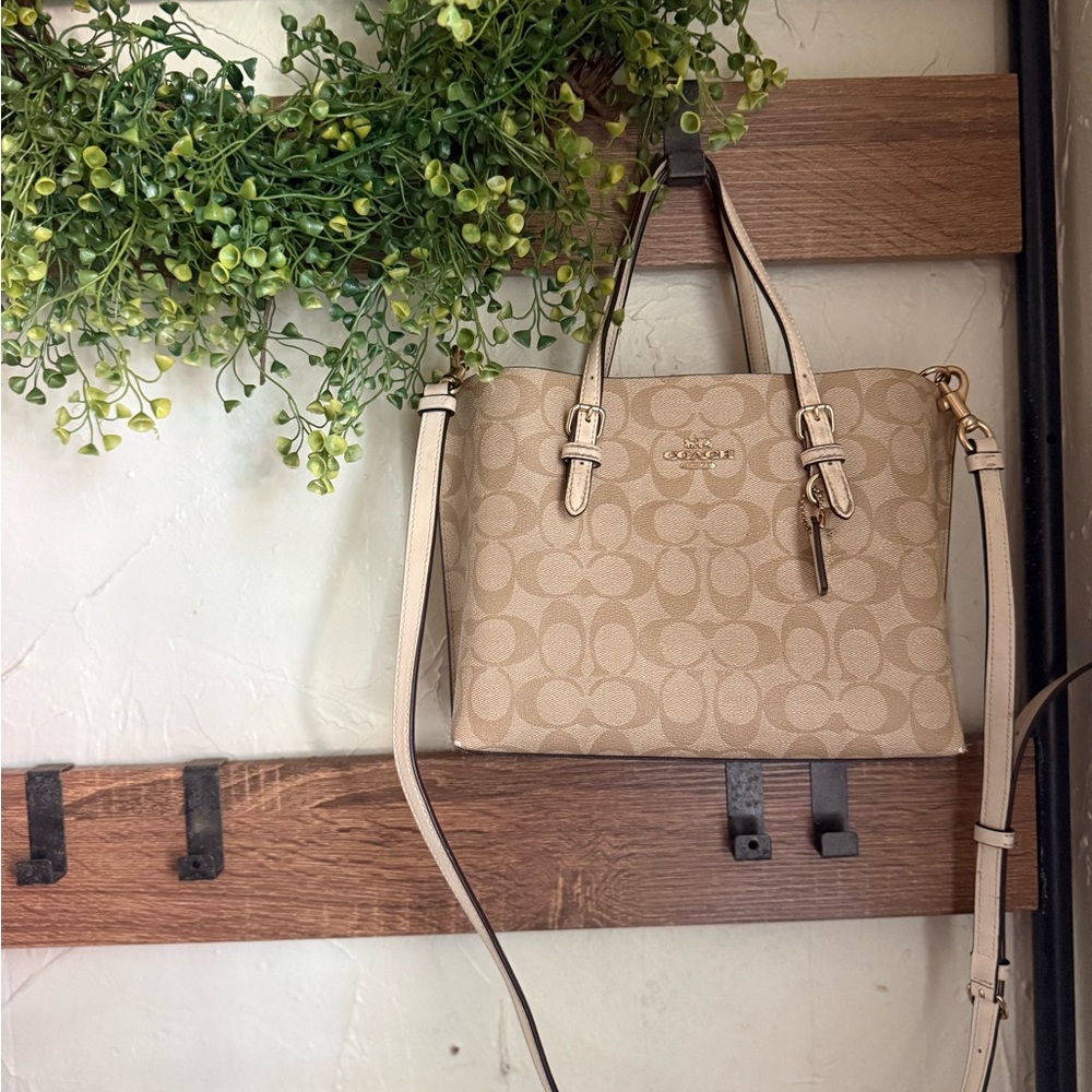 Coach Signature Canvas Satchel in Beige with Cream Leather Trim